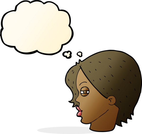 Bir insan tarafından çizilmiş düşünce baloncuğuyla gözlerini kısmış bir kadın yüzü.