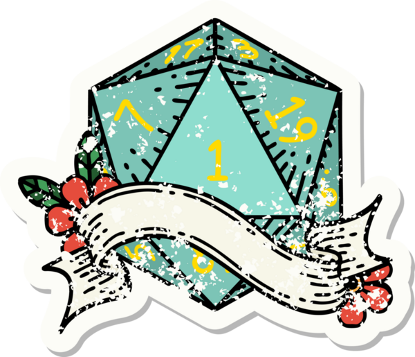 Bir insan tarafından çizilmiş doğal bir d20 zarının grunge çıkartması.