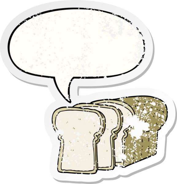 Çizgi film dilimlenmiş ekmek ve konuşma kabarcığı bir insan tarafından çizilmiş sıkıntılı eski bir çıkartma