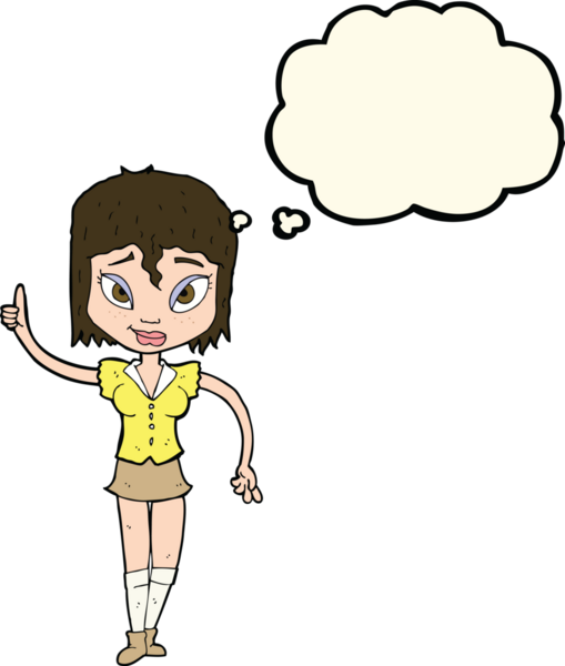 Bir insan tarafından çizilen düşünce baloncuğuyla nokta koyan çizgi film kadını.