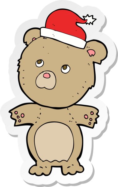 Bir insan tarafından çizilmiş Noel şapkalı çizgi film ayısının çıkartması.