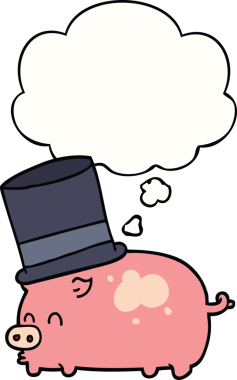 Düşünce baloncuğu çizilmiş silindir şapkalı bir domuz insan tarafından çizilmiş.
