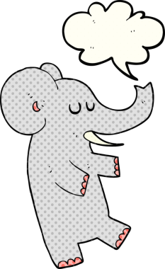 Bir insan tarafından çizilmiş serbest çizilmiş çizgi roman konuşma balonu dans eden fil.