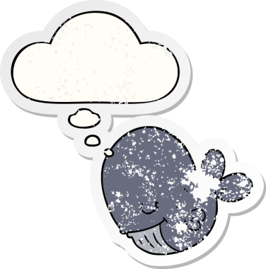 Düşünce baloncuğu olan karikatür balinası bir insan tarafından çizilmiş yıpranmış bir çıkartma.