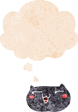 Düşünce baloncuklu çizgi film kedisi yüzü bir insan tarafından çizilmiş dertli retro dokuma tarzı