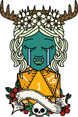 Retro Dövme Tarzı Ağlayan Ork Druid karakteri yüzü ve bir insan tarafından çizilmiş doğal bir D20 rulosu