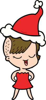 Bir insan tarafından çizilmiş Noel Baba şapkası giymiş kokteyl elbiseli bir kızın mutlu bir el çizimi çizimi.