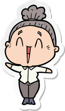 Bir insan tarafından çizilmiş mutlu yaşlı bir kadının çıkartması.