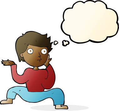 Çizgi filmci çocuk bir insan tarafından çizilmiş düşünce baloncuğuyla çılgınca dans ediyor.