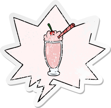 bir insan tarafından çizilmiş sıkıntılı eski etiketli, konuşma balonlu karikatür milkshake 'i.