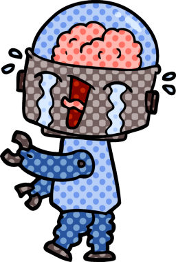 Bir insan tarafından çizilmiş ağlayan robot çizgi film.