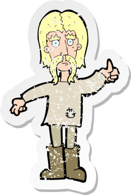 Bir insan tarafından çizilmiş baş parmak işareti veren çizgi film hippisinin sıkıntılı retro yapıştırması.