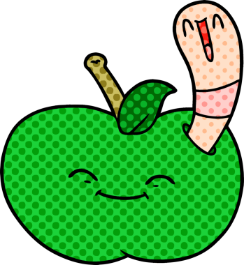 Bir insan tarafından çizilmiş elmanın içinde mutlu bir solucan.