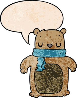 Bir insan tarafından çizilmiş eski dokuda konuşma baloncuğu olan eşarplı çizgi film ayısı.