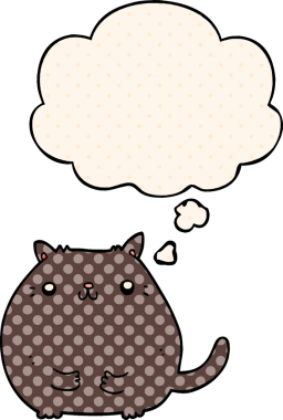 Çizgi roman tarzında düşünce baloncuğu olan çizgi film kedisi insan tarafından çizilmiş.