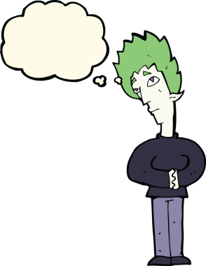 Düşünce baloncuğu insan tarafından çizilmiş meraklı vampir çizgi filmi.