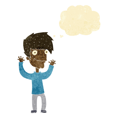 Bir insan tarafından çizilmiş düşünce baloncuğuyla kollarını sallayan çizgi film adamı.