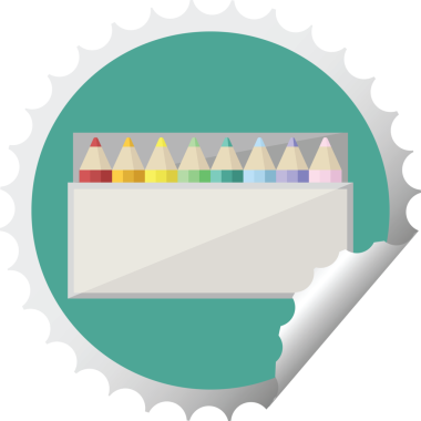 Bir insan tarafından çizilmiş renkli kalem paketi grafik vektör illüstrasyon yuvarlak etiket pulu