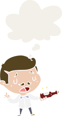 Düşünce baloncuğu olan şarap uzmanı bir insan tarafından çizilmiş.