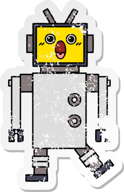 Bir insan tarafından çizilmiş sevimli bir robot çizgi film çıkartması.