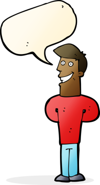 Bir insan tarafından çizilmiş konuşma balonuyla sırıtan çizgi film adamı.