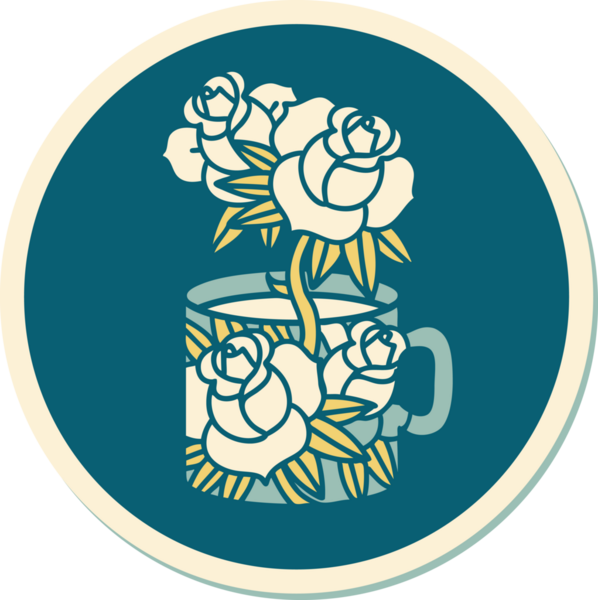 Geleneksel bir kupa stili dövme çıkartması ve bir insan tarafından çizilmiş çiçekler.