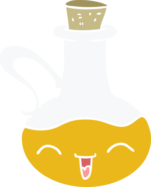 Düz renkli çizgi film. Bir insan tarafından çizilmiş mutlu zeytinyağı şişesi.