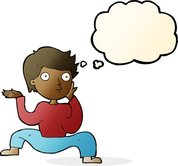 Çizgi filmci çocuk bir insan tarafından çizilmiş düşünce baloncuğuyla çılgınca dans ediyor.