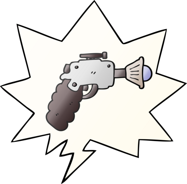 bir insan tarafından çizilmiş, konuşma baloncuklu çizgi film ışın tabancası.