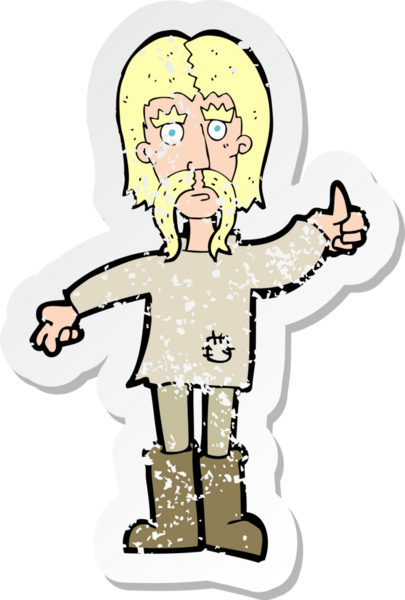 Bir insan tarafından çizilmiş baş parmak işareti veren çizgi film hippisinin sıkıntılı retro yapıştırması.