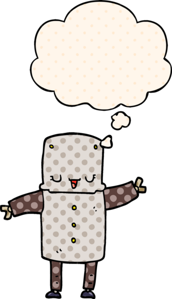 Bir insan tarafından çizilmiş çizgi roman şeklinde düşünce baloncuğu olan çizgi film robotu.