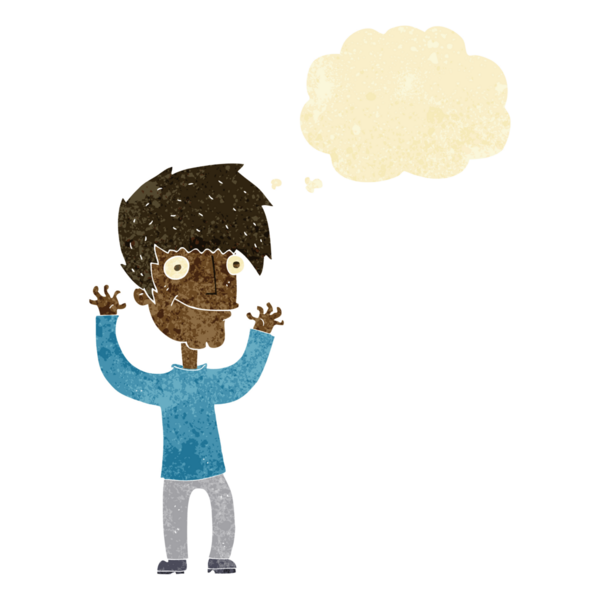 Bir insan tarafından çizilmiş düşünce baloncuğuyla kollarını sallayan çizgi film adamı.