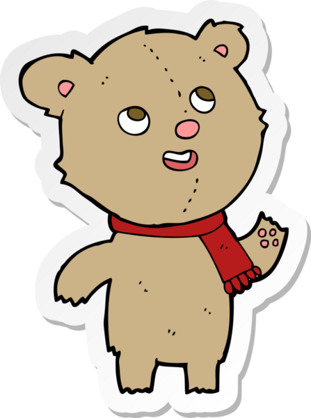 Bir insan tarafından çizilmiş eşarp takan oyuncak ayının çıkartması.