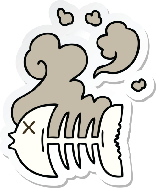 Bir insan tarafından çizilmiş garip bir el çıkartması. Ölü balık iskeleti.