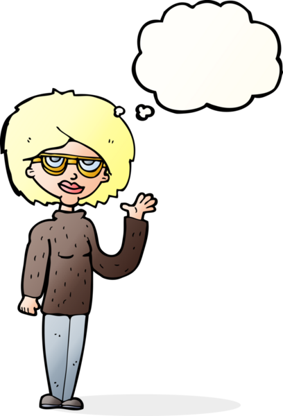 Bir insan tarafından çizilmiş düşünce baloncuğuyla el sallayan çizgi film kadını.