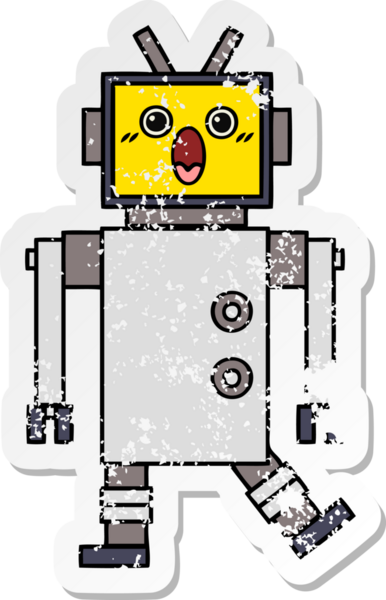 Bir insan tarafından çizilmiş sevimli bir robot çizgi film çıkartması.