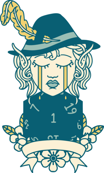 Retro Dövme Tarzı Ağlayan Elf Ozan Karakteri Bir insan tarafından çizilmiş doğal D20 rulo