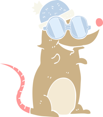 Bir insan tarafından çizilmiş gözlüklü ve şapkalı bir farenin düz renk çizimi