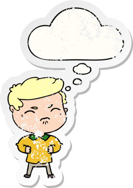 Bir insan tarafından çizilmiş sıkıntılı bir çıkartma gibi düşünce balonlu bir çizgi film adamı rahatsız etti.