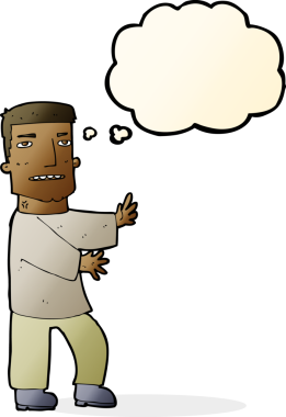 Bir insan tarafından çizilmiş düşünce balonuyla hareket eden bir karikatür adamı.