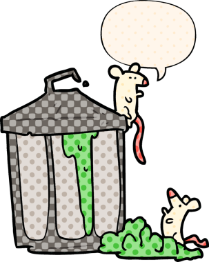 Bir insan tarafından çizilmiş çizgi roman tarzında konuşan fareli eski metal çöp kutusu.