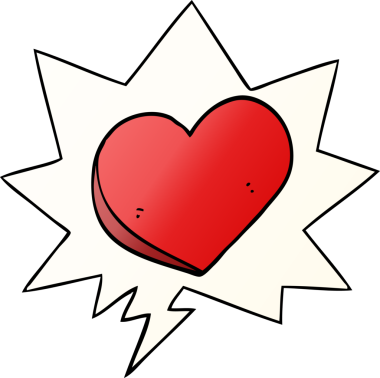 Bir insan tarafından çizilmiş, konuşma baloncuklu karikatür aşk kalbi.