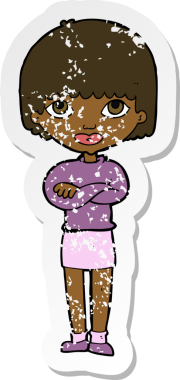 Bir insan tarafından katlanmış kolları olan karikatür bir kadının gerilmiş çıkartması.