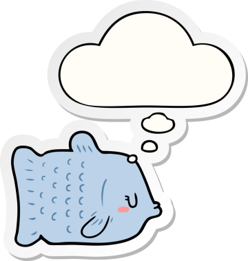 Düşünce baloncuklu karikatür balığı insan tarafından çizilmiş bir çıkartma.