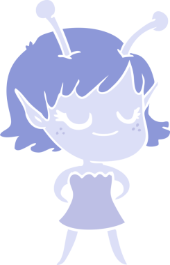 Gülümseyen uzaylı kız düz renkli çizgi film bir insan tarafından çizildi.