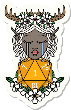 Ağlayan bir Elf Druid karakterinin çıkartması. İnsan tarafından çizilmiş doğal bir D20 ruloyla.