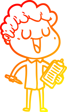 Bir insan tarafından çizilmiş not panosu ve kalemle gülen bir karikatürist çizimi.