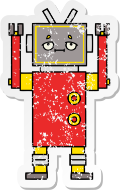 Bir insan tarafından çizilmiş sevimli bir robot çizgi film çıkartması.