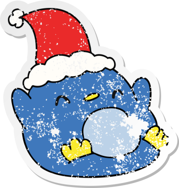 Bir insan tarafından çizilmiş kawaii pengueninin sıkıntılı yılbaşı çıkartması.