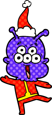 Bir insan tarafından çizilmiş Noel Baba şapkası giymiş bir uzaylının çizdiği çizgi roman çizimi.